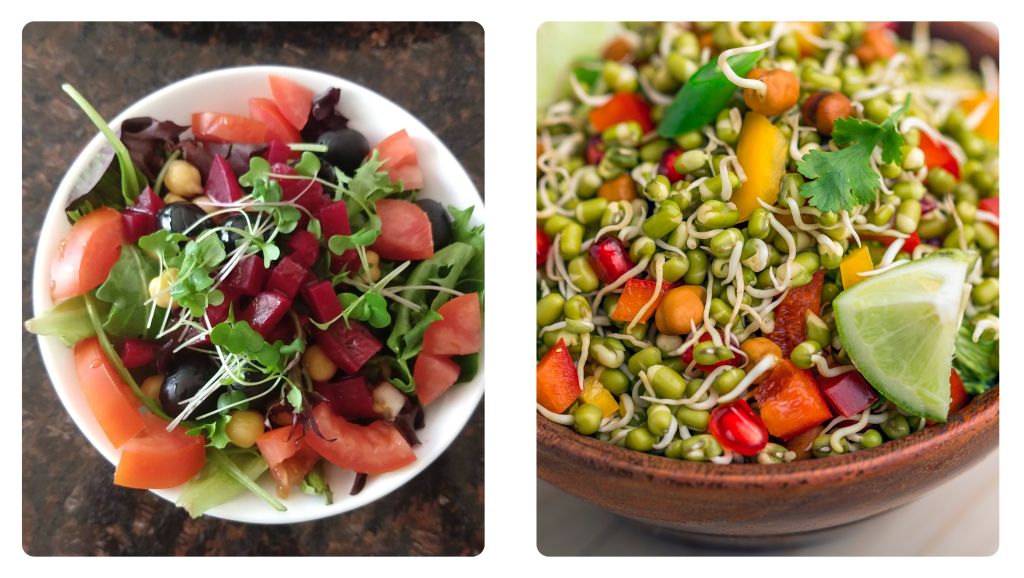 Two colorful bowls of salad – one with leafy greens, microgreens, tomatoes, beetroot, and olives; the other with sprouted legumes, chopped bell peppers, coriander, and a lime wedge.