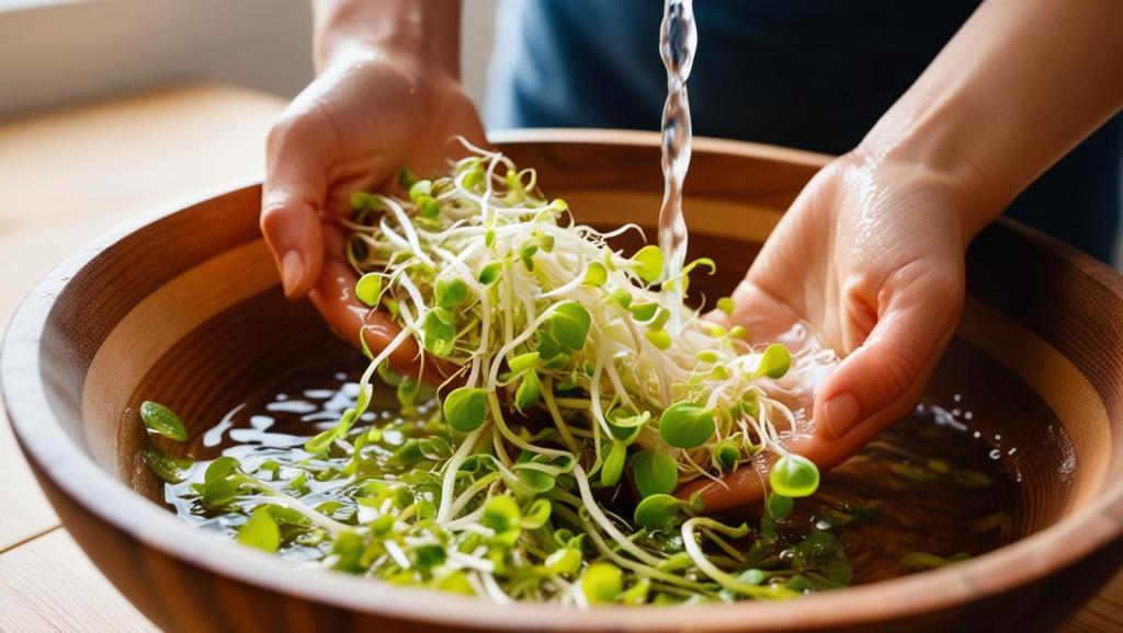 Washing fresh green microgreens under running water in a wooden bowl.
